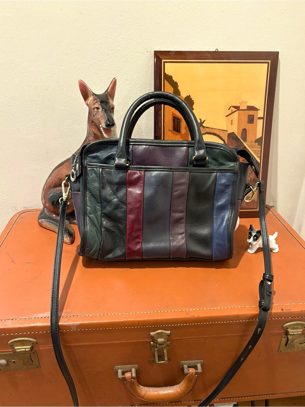Vintage 80s 70s Patchwork Leather Purse Crossbody Pelle Roma